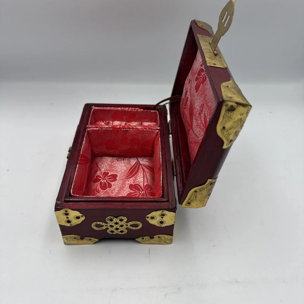Vintage Chinese Rosewood Jewelry Box Jade Inlay Brass & Silk Accents
